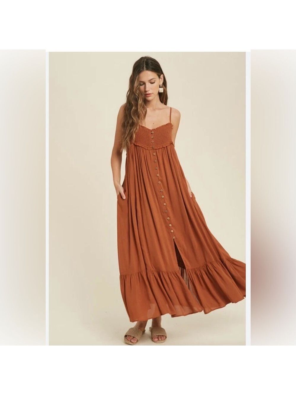 Wishlist Terracotta Brown Smocked Maxi Sundress Size Small